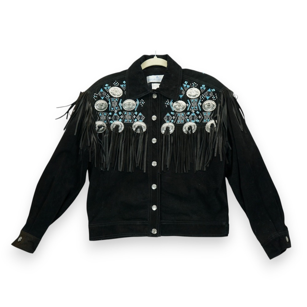 The La Costa Spa California - Black Leather Beaded Fringe Western Jacket Small